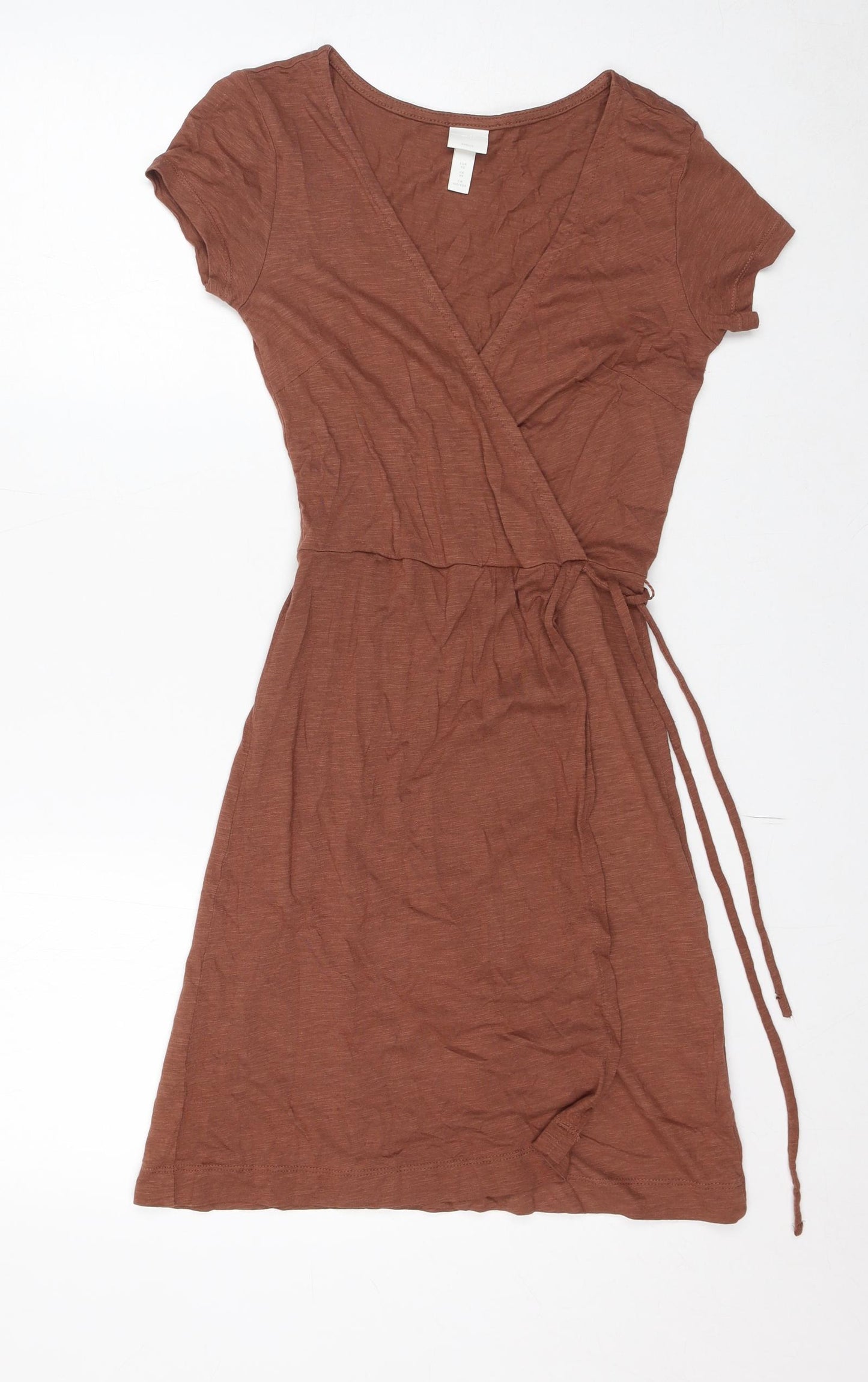 H&M Womens Brown Cotton A-Line Size XS V-Neck Tie