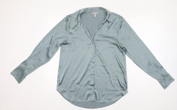 H&M Womens Blue Polyester Basic Button-Up Size S Collared