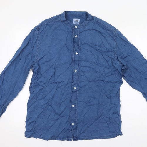 Zara Womens Blue Lyocell Basic Button-Up Size L Round Neck