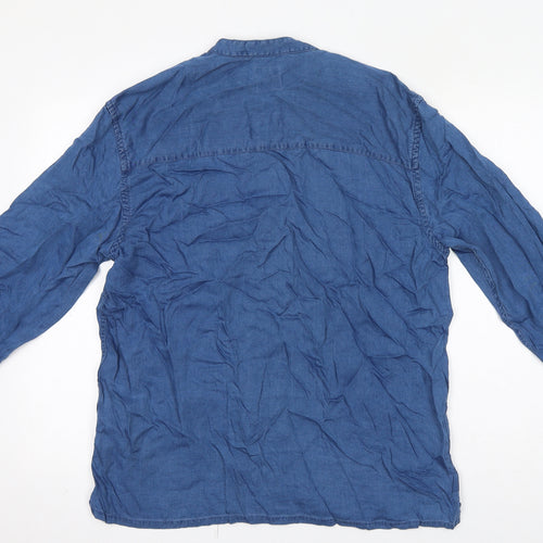 Zara Womens Blue Lyocell Basic Button-Up Size L Round Neck