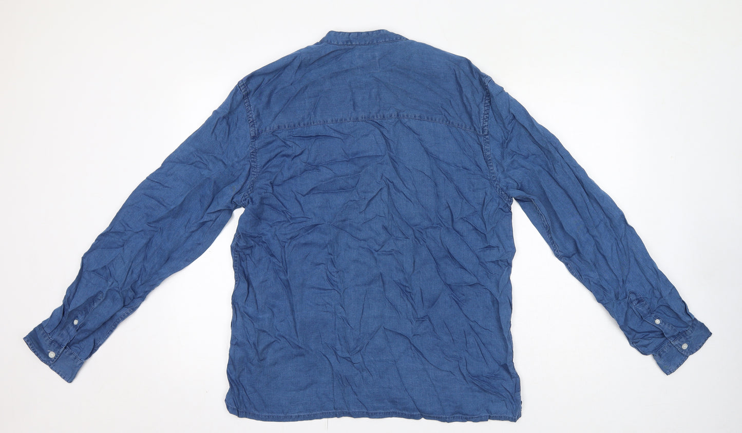 Zara Womens Blue Lyocell Basic Button-Up Size L Round Neck