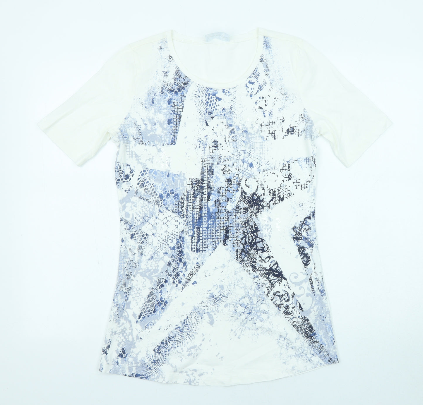 Betty Barclay Womens White Geometric Cotton Basic Blouse Size 10 Scoop Neck
