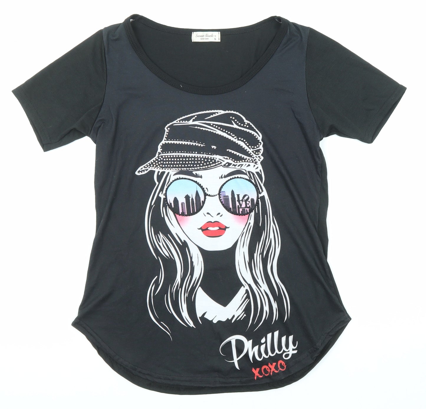 Sweet Gisele Womens Black Polyester Basic T-Shirt Size S Round Neck - Philly