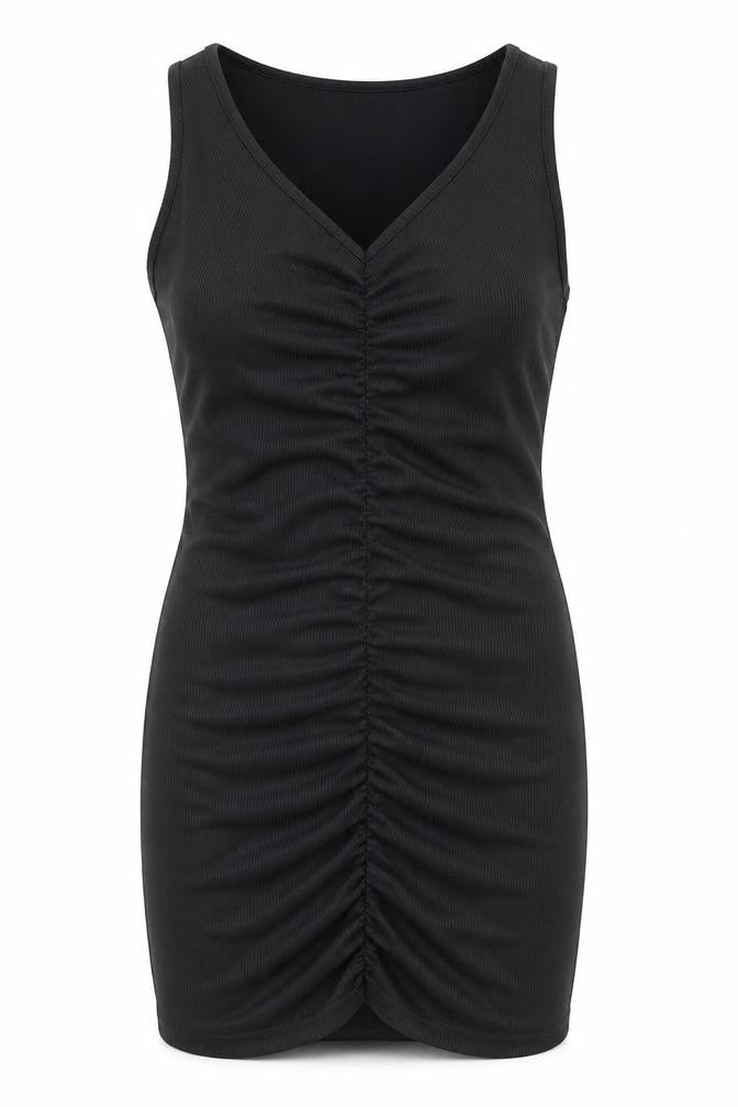Front view of PRETTYLITTLETHING women’s black polyester bodycon, size UK 6, v-neck pullover