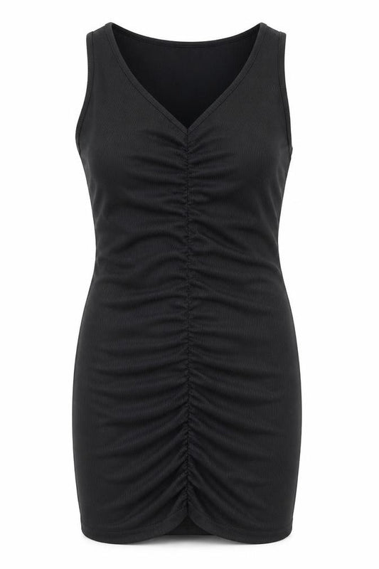 Front view of PRETTYLITTLETHING women’s black polyester bodycon, size UK 6, v-neck pullover