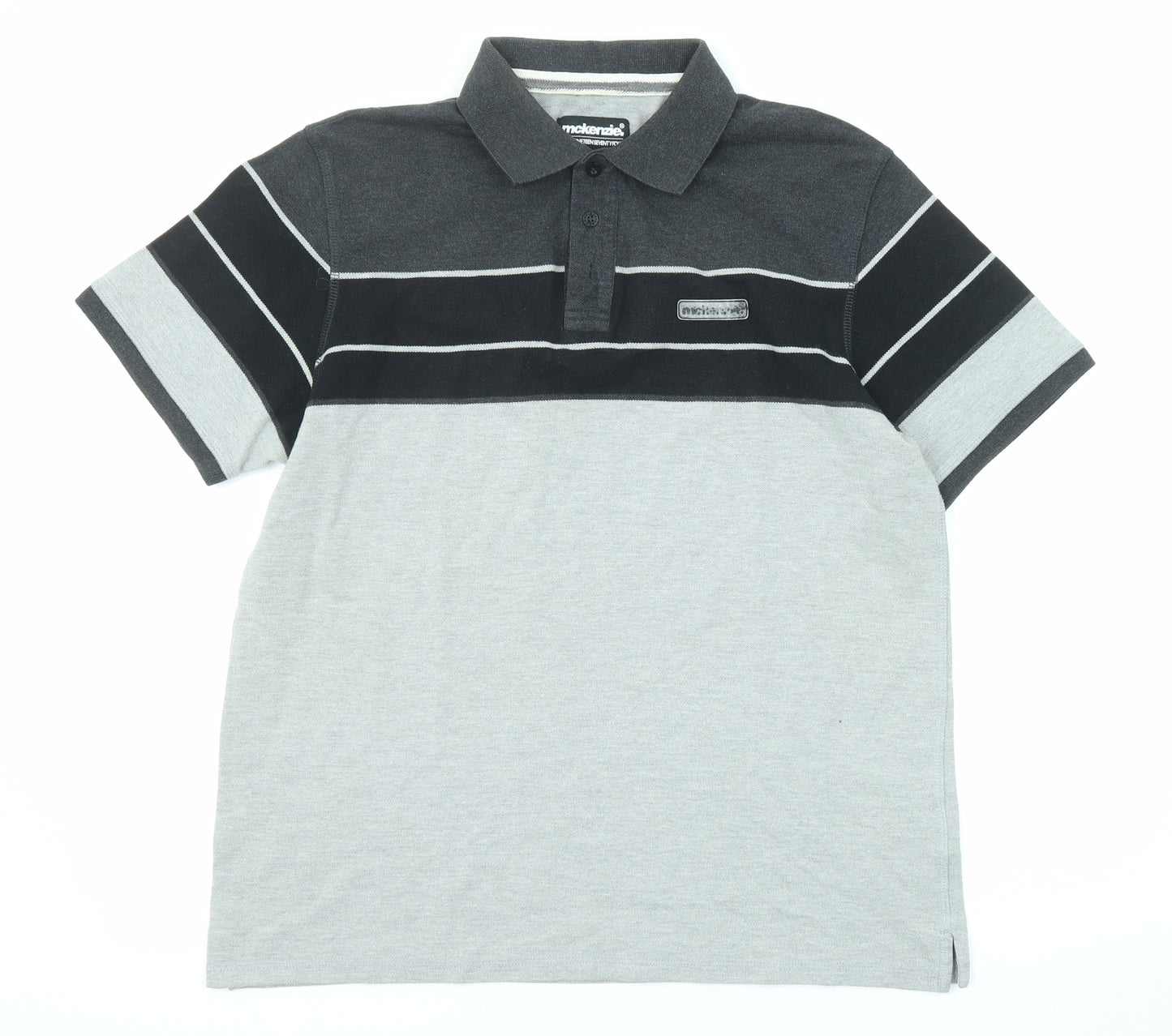 McKenzie Mens Grey Striped Cotton Polo Size L Collared Button
