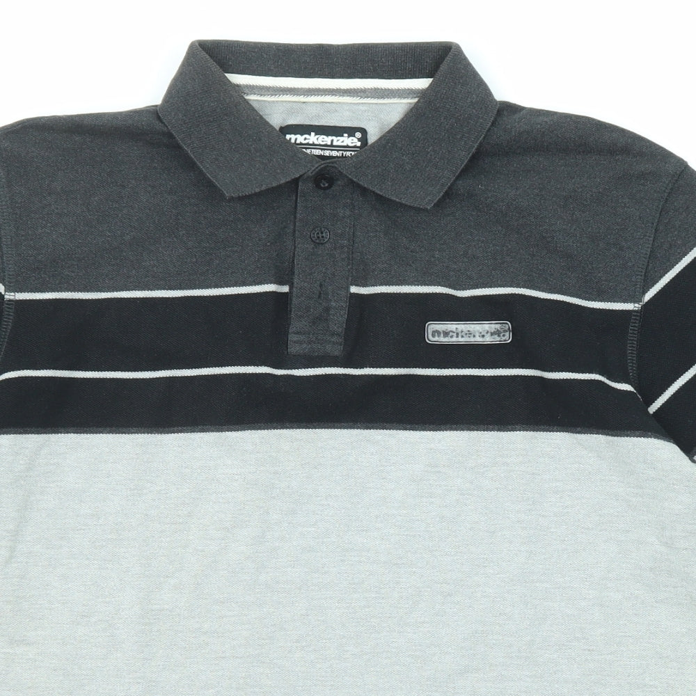 McKenzie Mens Grey Striped Cotton Polo Size L Collared Button