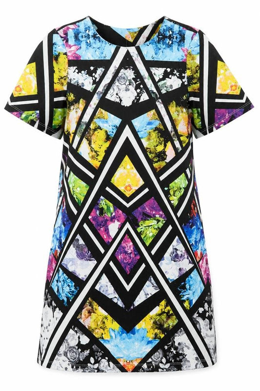 Front view of ASOS women’s multicoloured geometric polyester shift, size UK 10, round neck pullover