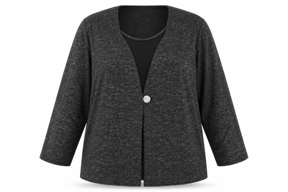 Front view of Bassini women’s black polyester basic blouse, size UK 22, scoop neck - two in one metallic