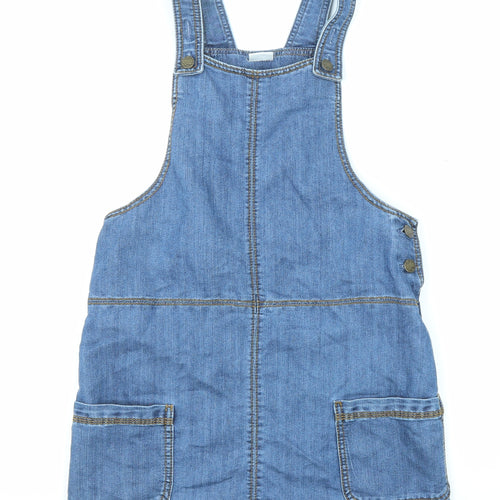 F&F Girls Blue Cotton Pinafore/Dungaree Dress Size 12-13 Years Round Neck Button