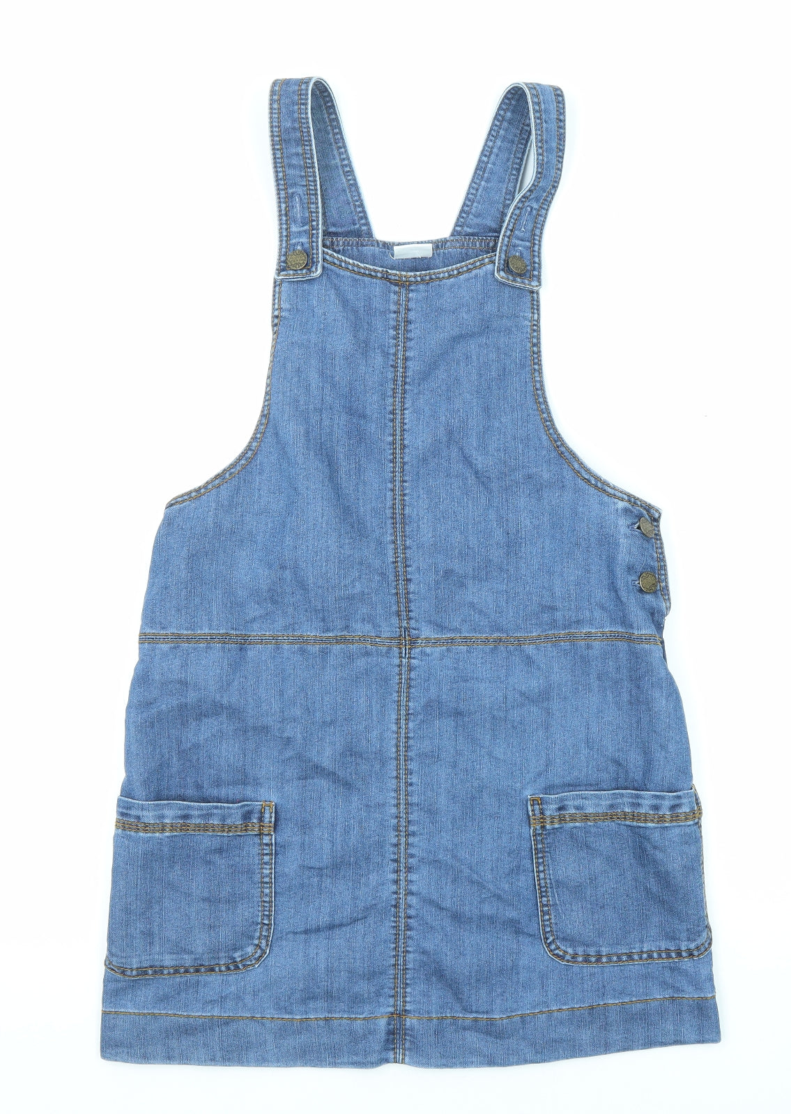 F&F Girls Blue Cotton Pinafore/Dungaree Dress Size 12-13 Years Round Neck Button