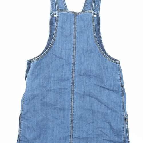 F&F Girls Blue Cotton Pinafore/Dungaree Dress Size 12-13 Years Round Neck Button