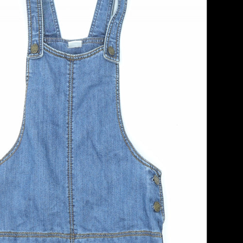 F&F Girls Blue Cotton Pinafore/Dungaree Dress Size 12-13 Years Round Neck Button