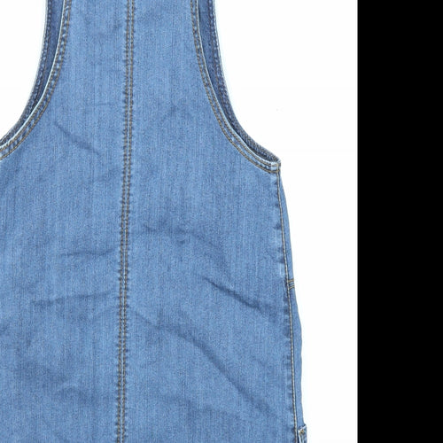 F&F Girls Blue Cotton Pinafore/Dungaree Dress Size 12-13 Years Round Neck Button