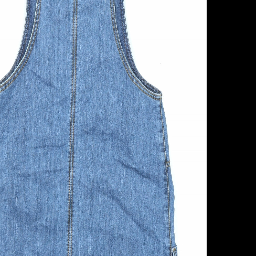 F&F Girls Blue Cotton Pinafore/Dungaree Dress Size 12-13 Years Round Neck Button