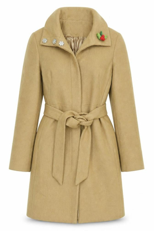 Front view of Warehouse women’s beige overcoat coat, size UK 8, button