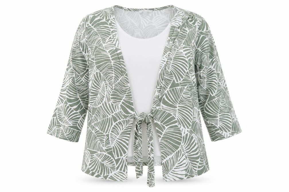 Front view of Oscar B women’s grey geometric viscose basic blouse, size UK 14, v-neck - tie front