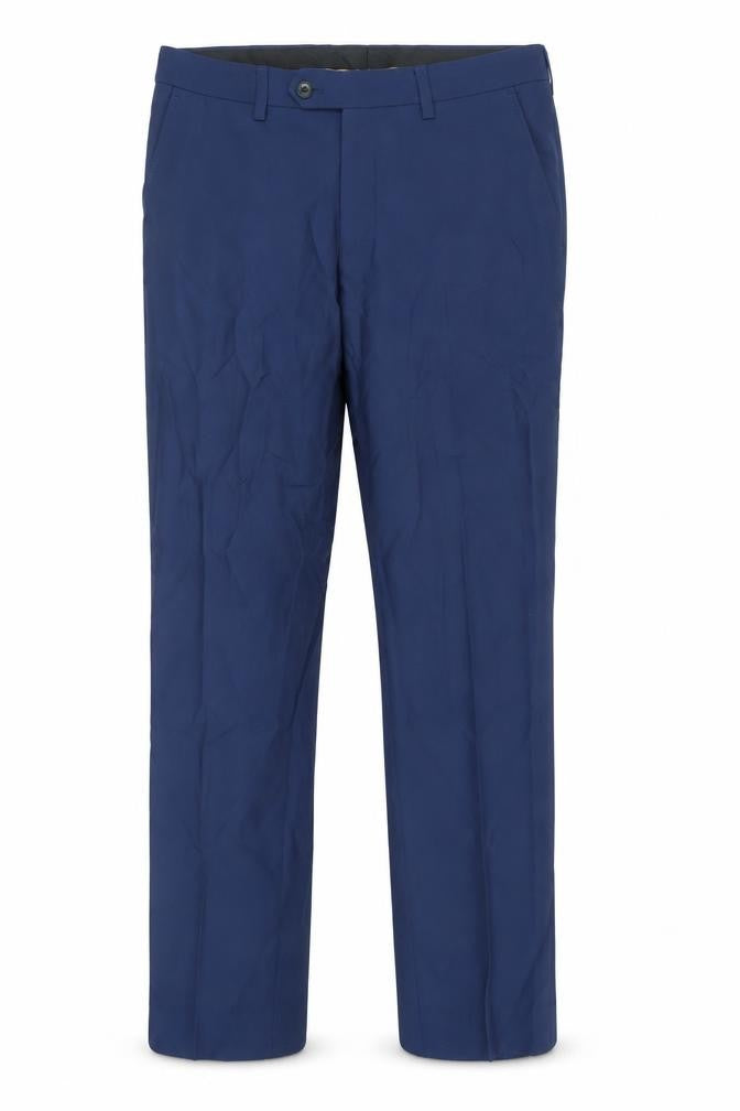 Front view of Marks & Spencer men’s blue polyester trousers, size 30, in, 31-inch leg regular zip