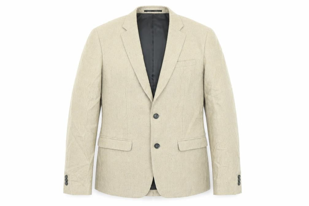 Front view of New Look men’s beige polyester jacket suit, size 38, regular
