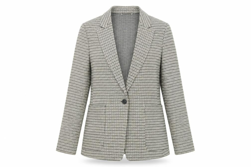 Front view of H&M women’s multicoloured geometric jacket blazer, size UK 10, button