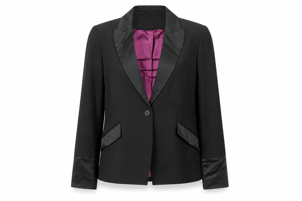Front view of Spirit women’s black jacket blazer, size UK 14, button