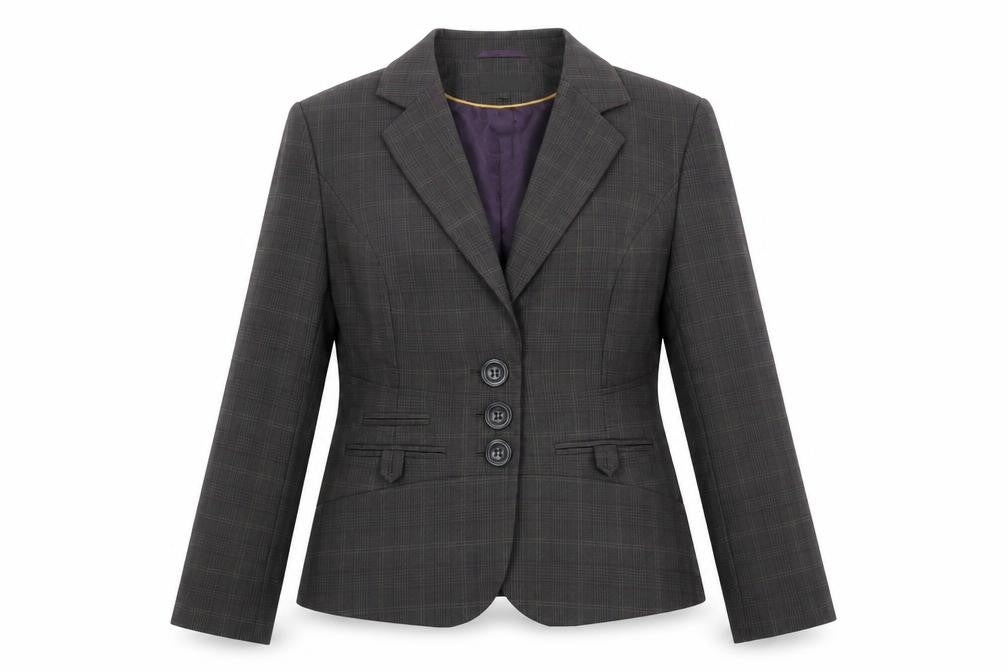 Front view of Next women’s grey plaid polyester jacket suit jacket, size UK 14