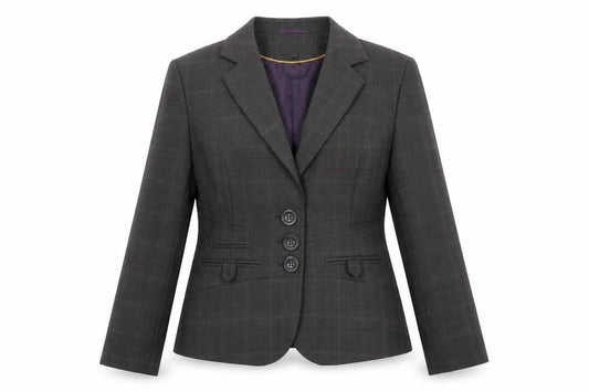 Front view of Next women’s grey plaid polyester jacket suit jacket, size UK 14