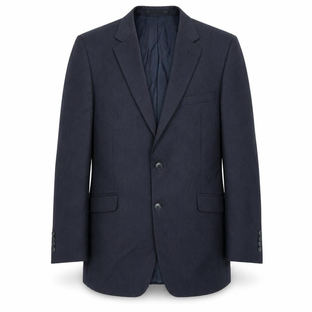 Front view of John Lewis men’s blue striped wool jacket suit jacket, size 40, regular