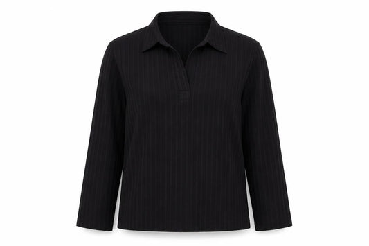 Front view of Next women’s black striped polyester basic blouse, size UK 10, collared