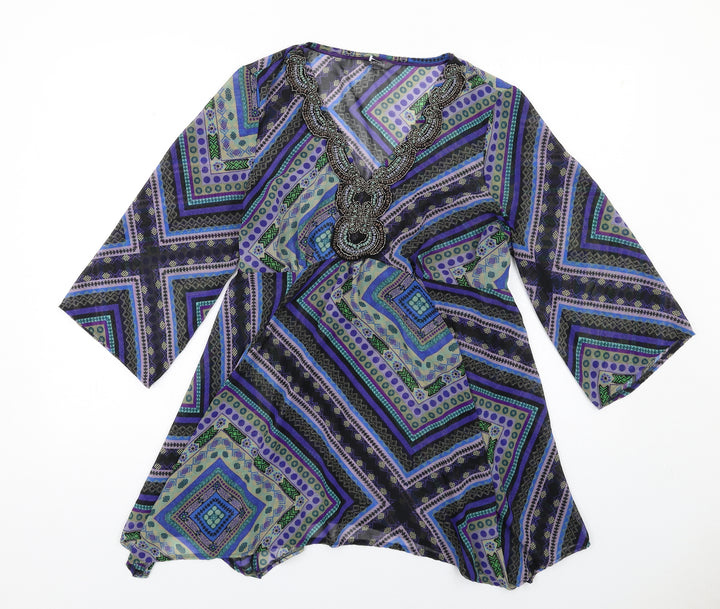 Per Una Womens Multicoloured Geometric Polyester A-Line Size 14 V-Neck Pullover