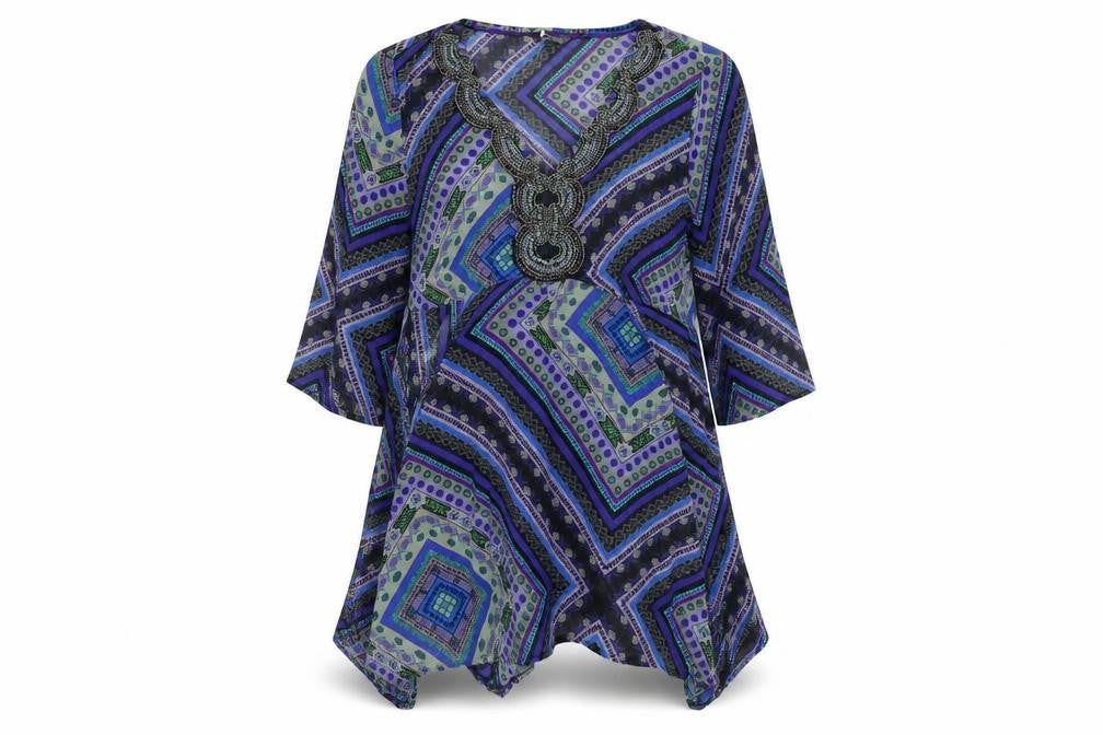 Front view of Per Una women’s multicoloured geometric polyester a-line, size UK 14, v-neck pullover