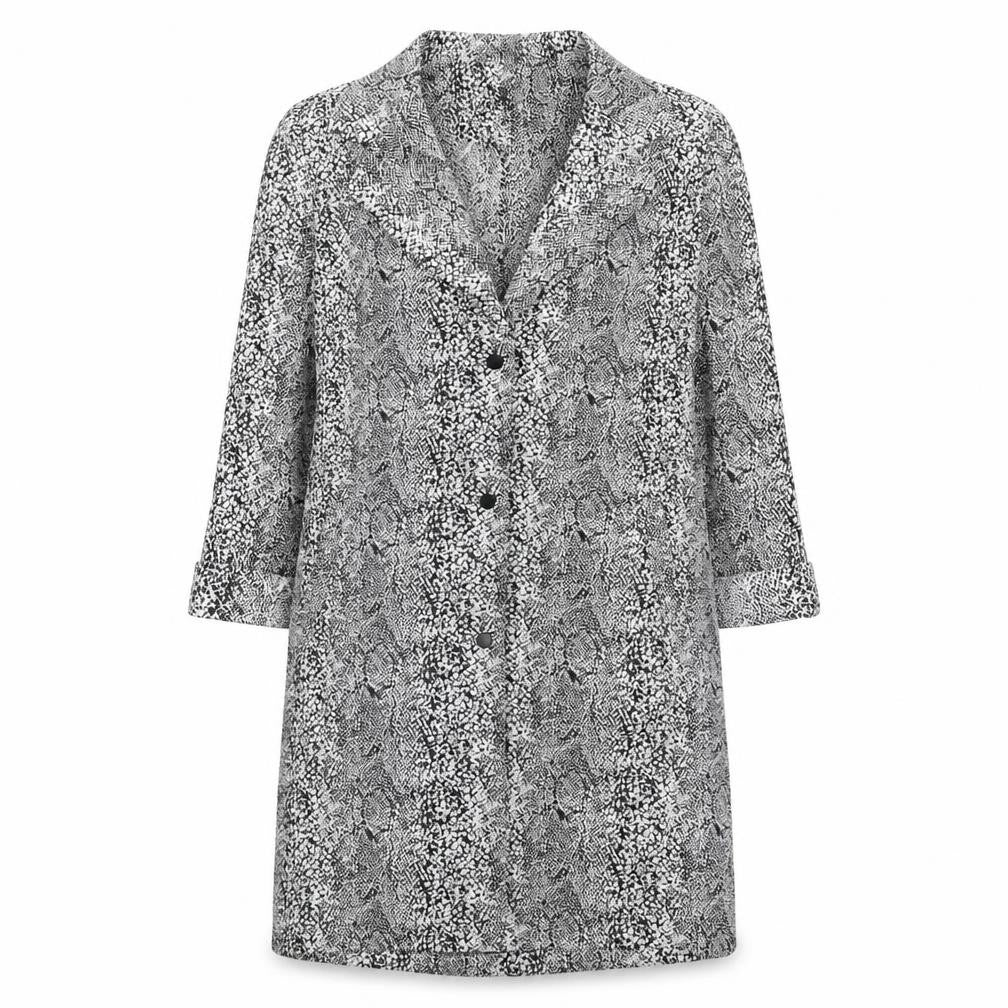 Front view of A&G women’s black geometric rain coat coat, size UK 10, snap