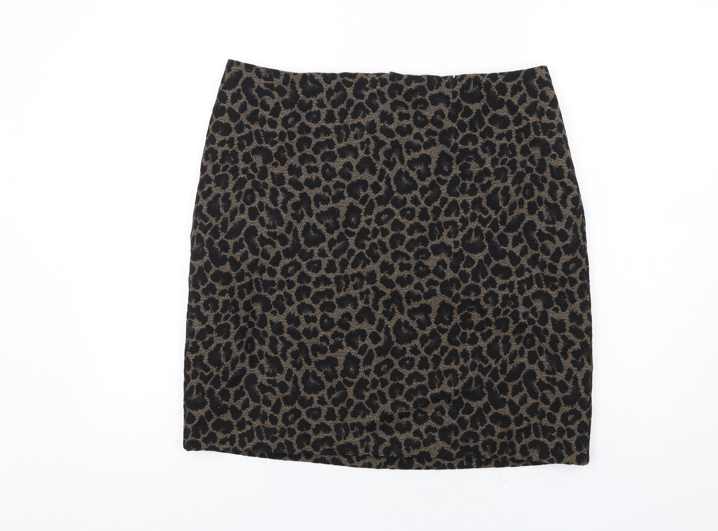 Marks and Spencer Womens Brown Animal Print Polyester A-Line Skirt Size 14 Zip - Leopard pattern