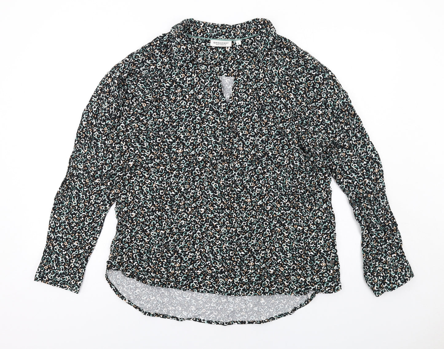 Broadway Womens Black Geometric Viscose Basic Blouse Size L Collared