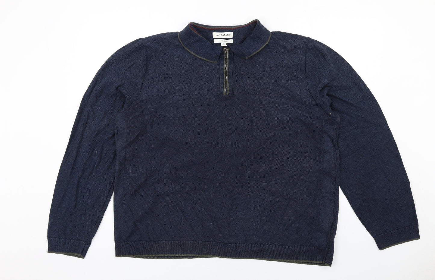 Autograph Mens Blue Collared Viscose Henley Jumper Size 2XL Long Sleeve
