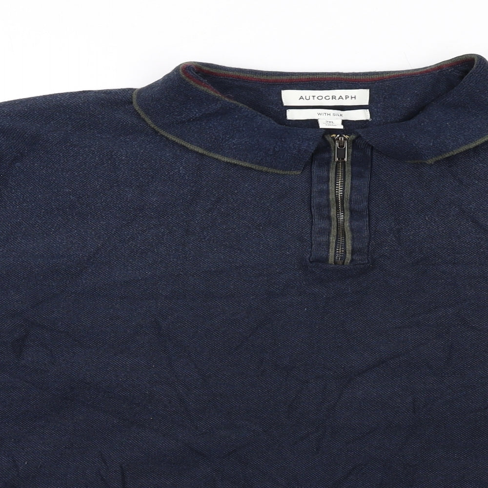 Autograph Mens Blue Collared Viscose Henley Jumper Size 2XL Long Sleeve