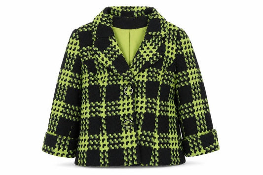 Front view of Simon Jeffery women’s green geometric jacket, size UK 12, button
