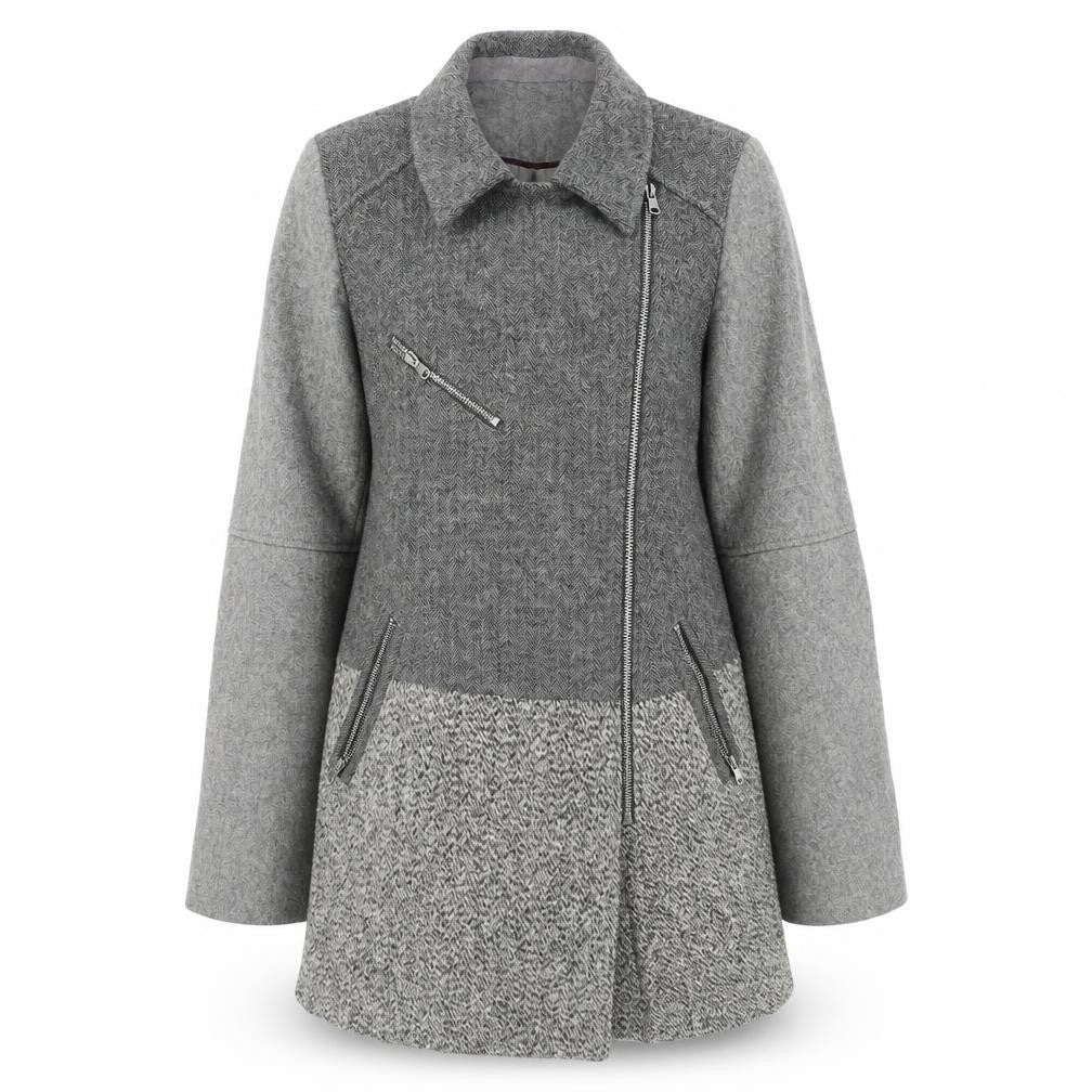 Front view of Next women’s grey geometric overcoat coat, size UK 10, zip