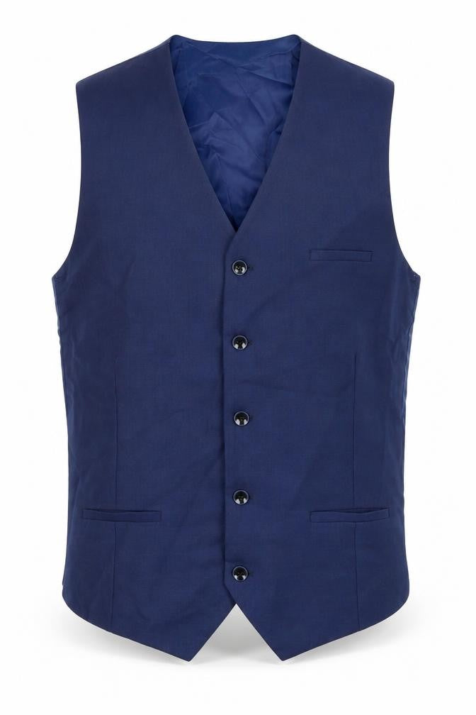 Front view of Benetti men’s blue wool jacket suit waistcoat, size 40, regular