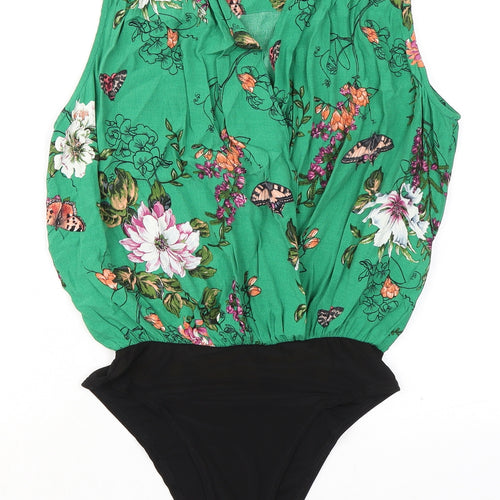 New Look Womens Green Floral Viscose Bodysuit One-Piece Size 8 Snap