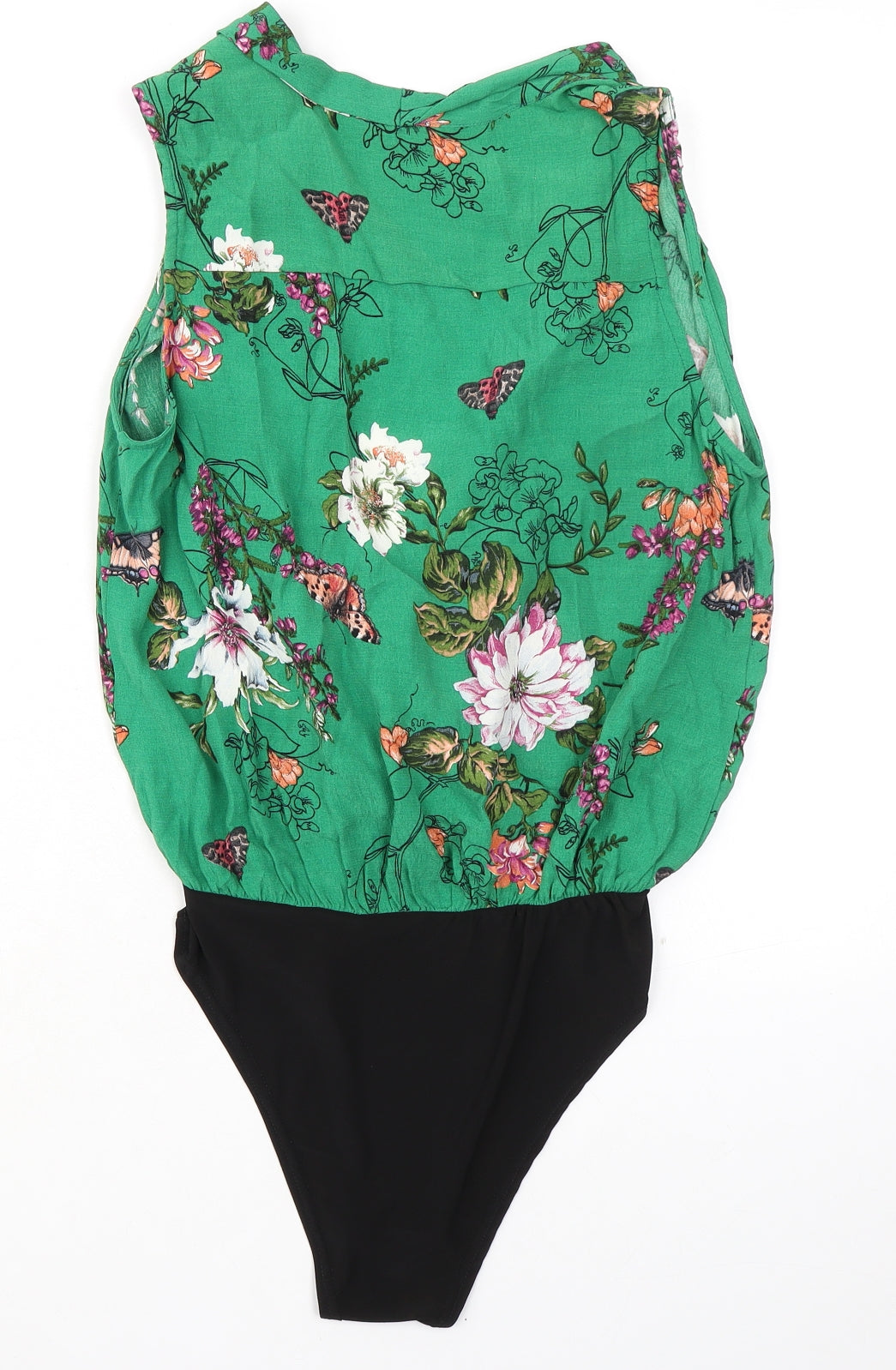 New Look Womens Green Floral Viscose Bodysuit One-Piece Size 8 Snap