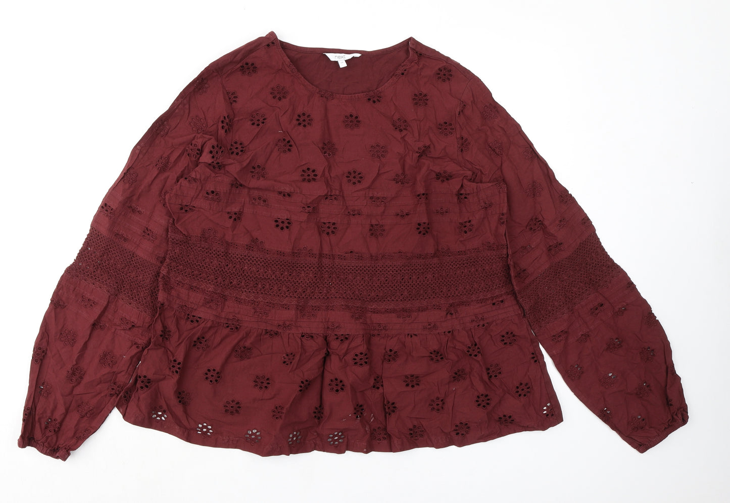 NEXT Womens Brown 100% Cotton Basic Blouse Size 20 Boat Neck - Broderie Anglaise