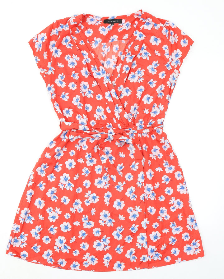 New Look Womens Orange Floral Polyester A-Line Size 10 V-Neck Pullover