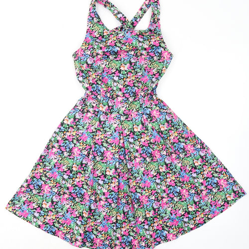 Louche Womens Multicoloured Floral Cotton Fit & Flare Size 8 Square Neck Zip