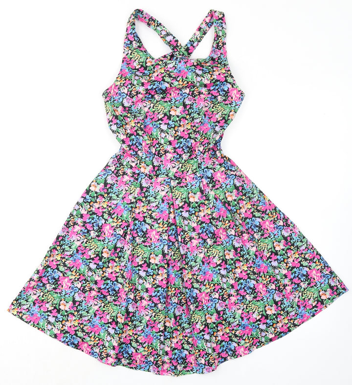 Louche Womens Multicoloured Floral Cotton Fit & Flare Size 8 Square Neck Zip