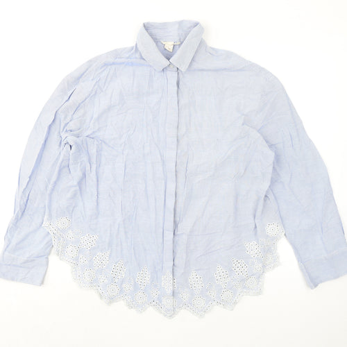 H&M Womens Blue Striped 100% Cotton Basic Button-Up Size 14 Collared - Broderie Anglaise Details