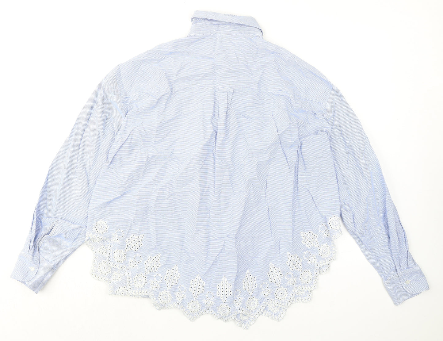 H&M Womens Blue Striped 100% Cotton Basic Button-Up Size 14 Collared - Broderie Anglaise Details