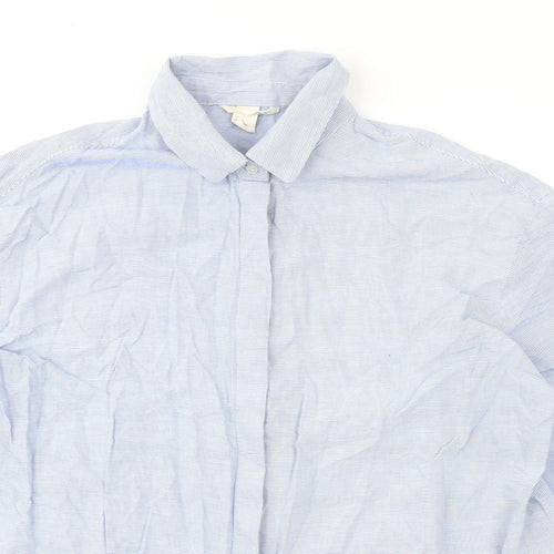 H&M Womens Blue Striped 100% Cotton Basic Button-Up Size 14 Collared - Broderie Anglaise Details