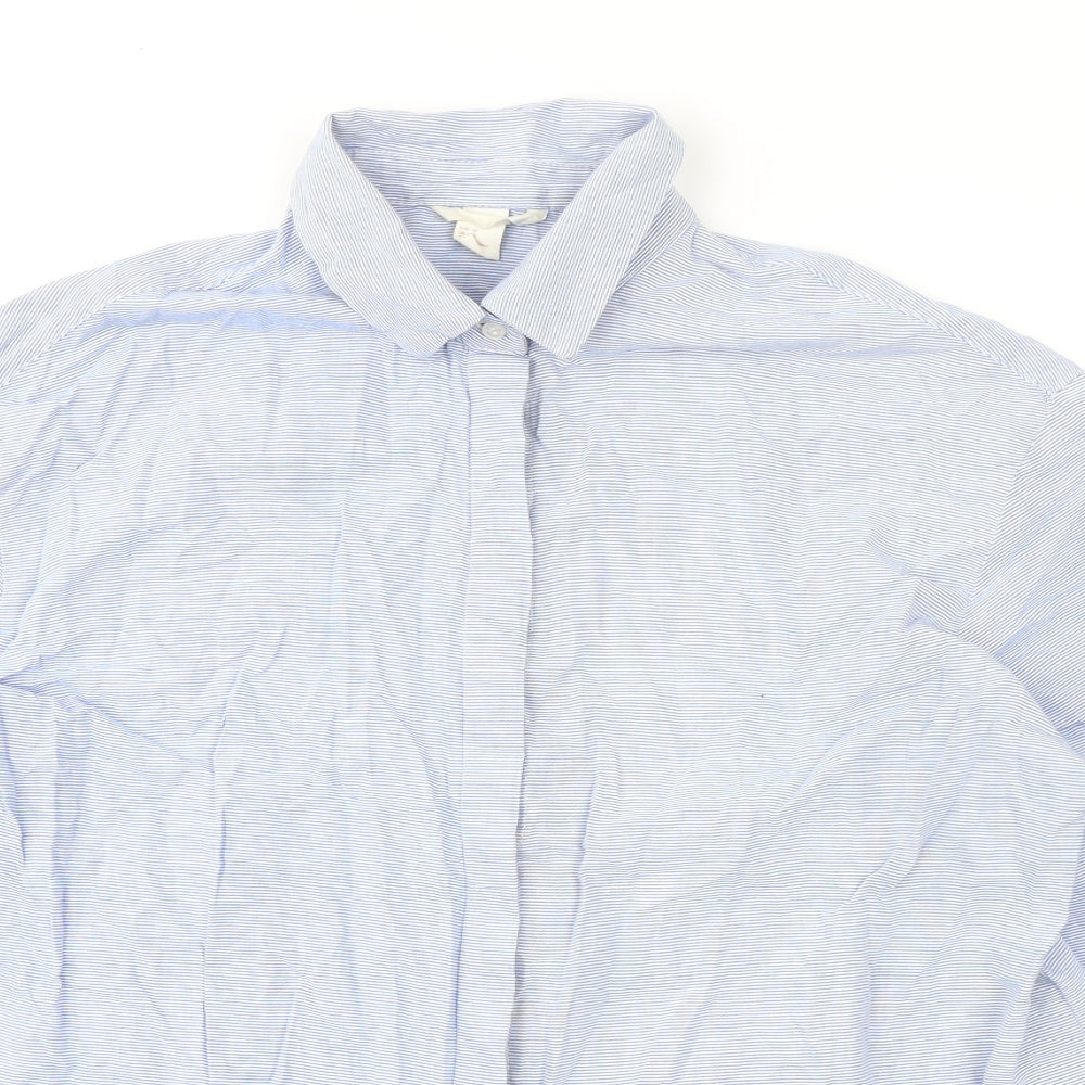 H&M Womens Blue Striped 100% Cotton Basic Button-Up Size 14 Collared - Broderie Anglaise Details
