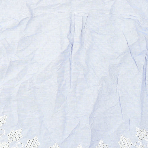 H&M Womens Blue Striped 100% Cotton Basic Button-Up Size 14 Collared - Broderie Anglaise Details